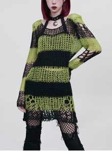 Striped Black And Green Round Neck Long Irregular Punk Style Decayed Pullover Sweater