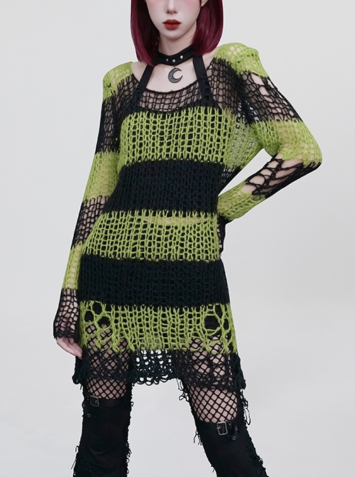 Striped Black And Green Round Neck Long Irregular Punk Style Decayed Pullover Sweater