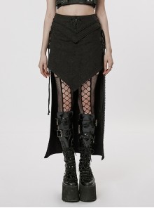 Black Non-Stretch Lace Short Front And Long Back Side Rope With Delicate Japanese Buckle Adjustable Elastic Gothic Skirt