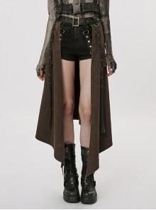 Black Coffee Imitation Leather Twill Non-Stretch Short Front And Back Long Symmetrical Waist Adjustable Punk Style Skirt