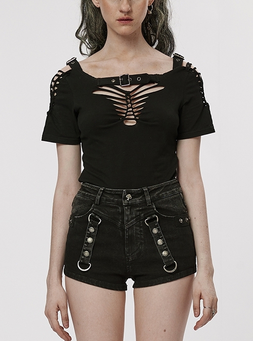 Black Stretch Shoulder & Chest Adjustable Punk Woven T-Shirt