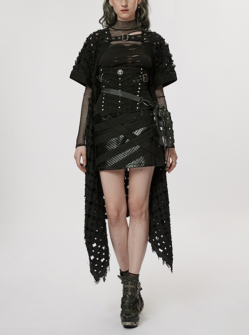 Black Distressed Twill Asymmetric Hem Japanese Button Adjustable Shoulder Grimace Stud Punk Post Apocalyptic Style Hollow Out Cardigan