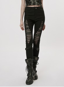Sexy Black Stretch Twill Stitching Mesh Webbing Superimposed Japanese Buckle Gothic Hollow-Out Leggings