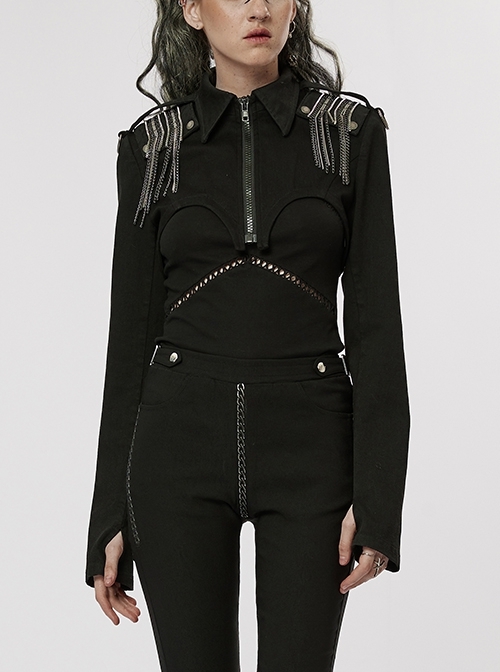 Black Elastic Lapel Open Chest Built-In Shoulder Pads Detachable Punk Style Handsome Jacket