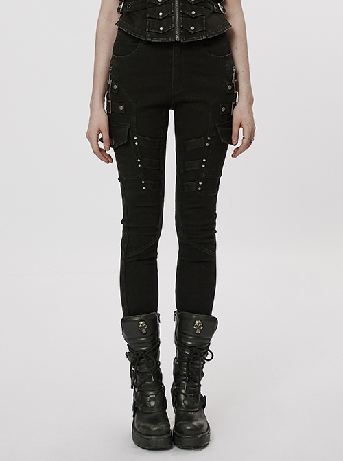 Stretch Denim Black Split Line Internal Patch Pocket Zip Trim Punk Style Tight Jeans