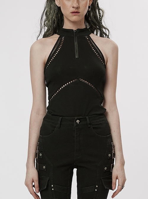 Black Comfort Stretch Knit Slim Fit Off Shoulder Panel Mesh Punk Daily Vest