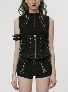 Black Highlighting The Bust Side Four-Button Buckle Adjustable Punk Style Handsome Tight Vest