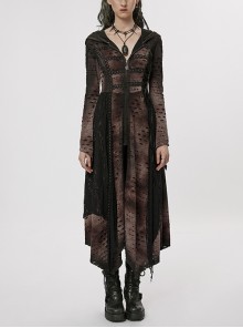 Hooded Elastic Hole Stitching Lace Mesh Irregular Hem Gothic Dark Wizard Coat