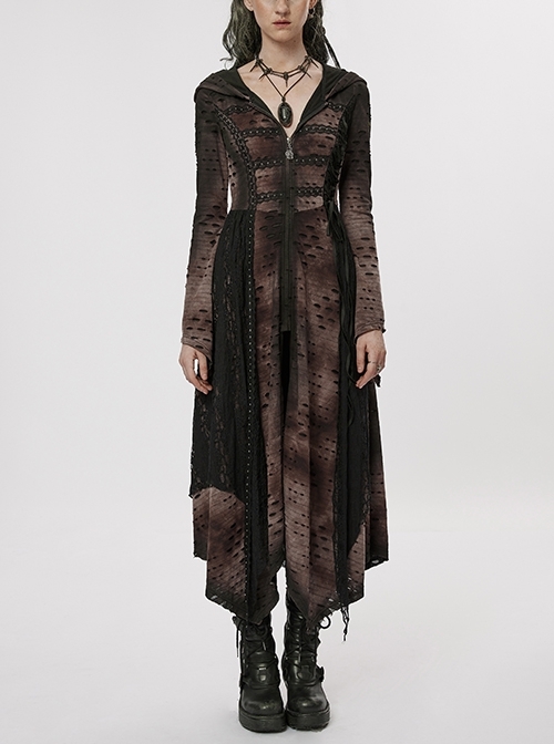 Hooded Elastic Hole Stitching Lace Mesh Irregular Hem Gothic Dark Wizard Coat