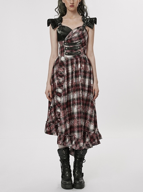 Black And Red Plaid Stitching Stretch Shiny Fine Grain Leather Shoulder Straps Adjustable Air Cushion Irregular Lotus Leaf Hem Punk Style Dress
