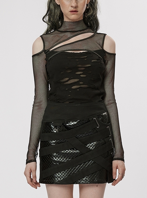 Black High Collar Shoulder Hollow Elastic Double Layer Hole Mesh Stitching Diamond Mesh Asymmetric Punk Daily Mesh T-Shirt
