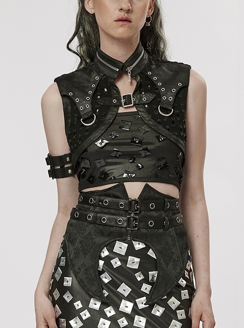 Black Ultra-Short Style Hole Fine Grain Stand Collar Zipper Decoration Punk Wind Hollow Jacket