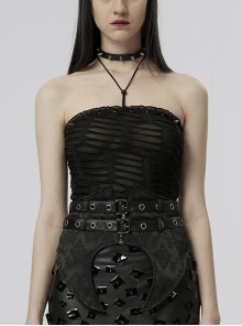 Black Elastic Halter Neck Ripped Edge Lace Stitching Metal Studs Gothic Daily Bustier