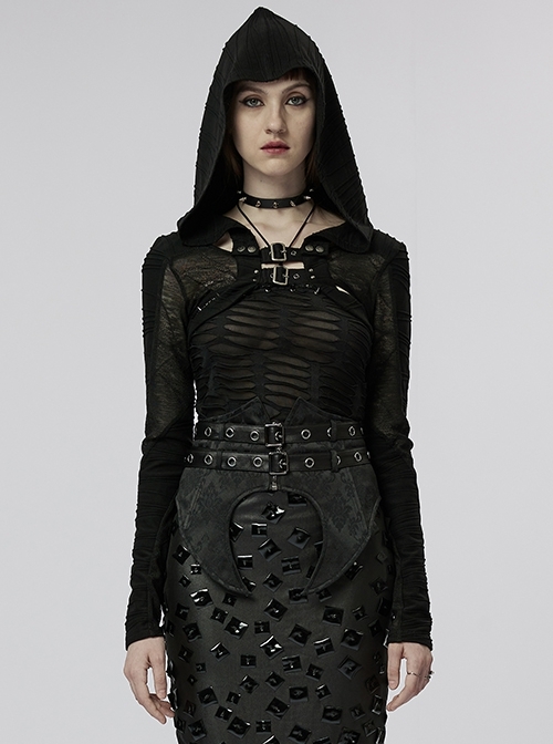 Detachable Hooded Stretch-Knit Paneled Sculpted Stripe Black Punk Post-Apocalyptic Jacket