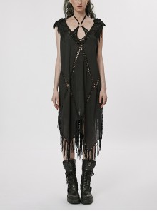 V-Neck Sheer Cutout Braided Rope Links Diamond-Shaped Woven Shoulder Multi-Layered Embroidered Black Gothic Witch Style Braided Dress