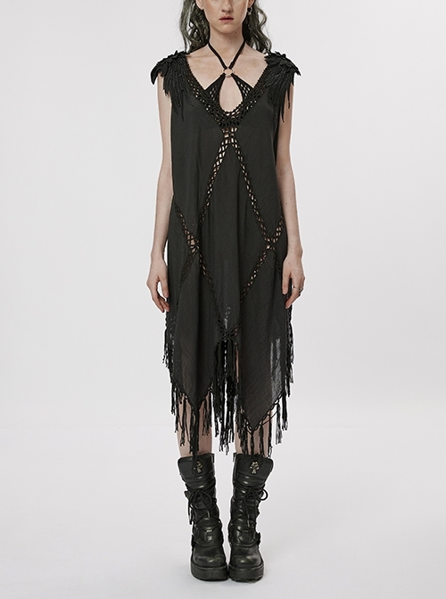 V-Neck Sheer Cutout Braided Rope Links Diamond-Shaped Woven Shoulder Multi-Layered Embroidered Black Gothic Witch Style Braided Dress