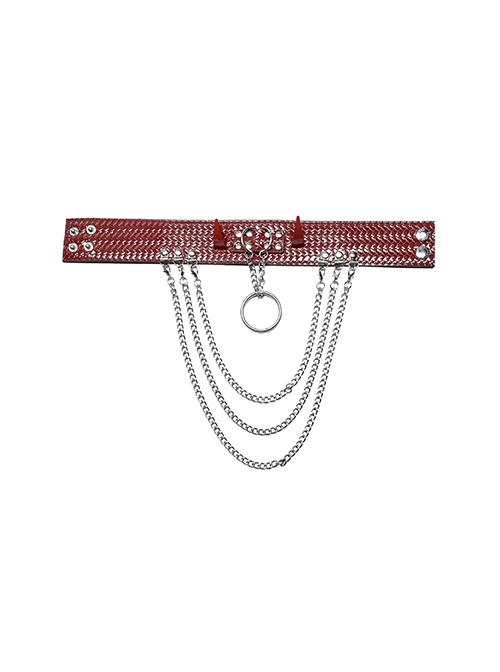 Python Pattern Imitation Leather Metal Rivets Dangling Chain Decoration Red Punk Wild Python Grain Choker