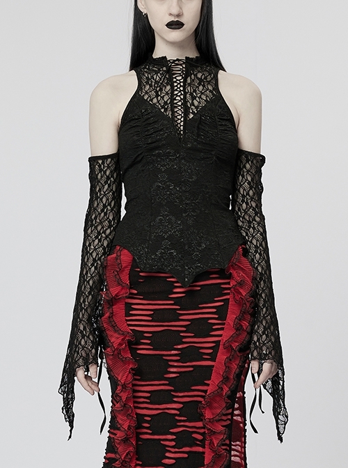 Front Collar Hollow Stretch Jacquard Knit Stitching Lace Split Sleeves Back Waist Webbing Adjustable Elastic Black Gothic Sexy T-Shirt