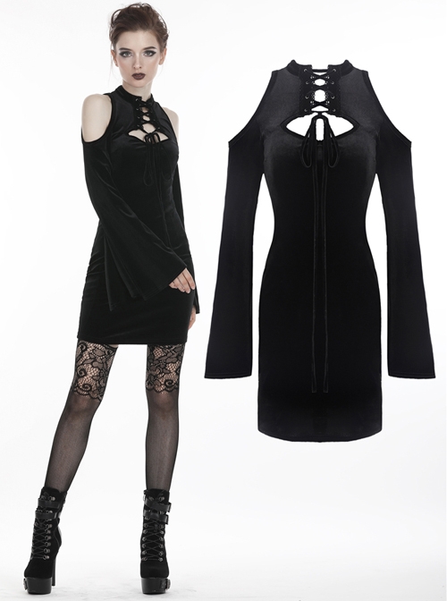 Black Off-Shoulder Lace-Up Long Sleeves Slim Gothic Dress
