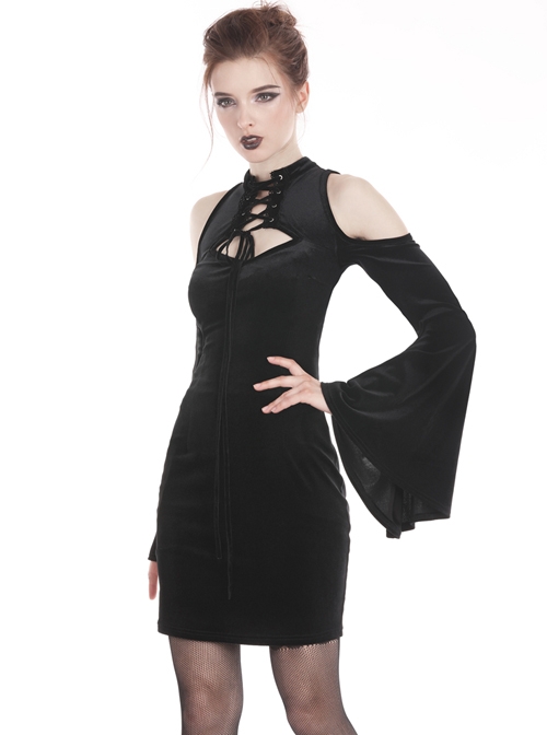 Black Off-Shoulder Lace-Up Long Sleeves Slim Gothic Dress