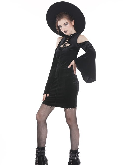 Black Off-Shoulder Lace-Up Long Sleeves Slim Gothic Dress