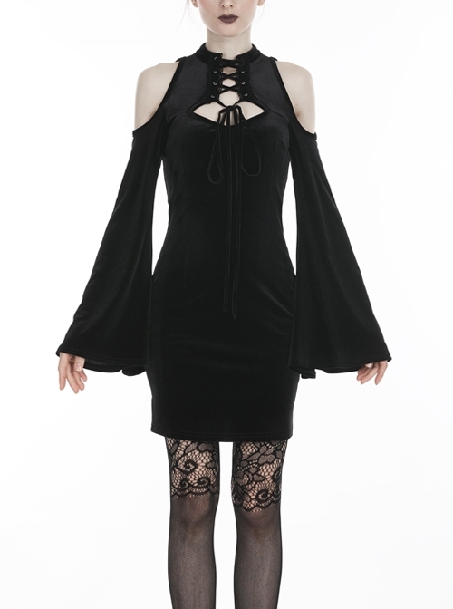 Black Off-Shoulder Lace-Up Long Sleeves Slim Gothic Dress