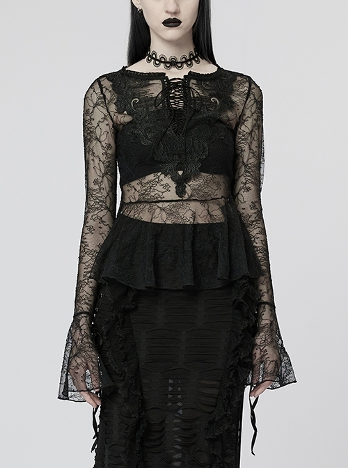 Round Neck Bell Sleeve Sheer Stretch Lace Chest Strap Adjustable Black Gothic Sheer Lace T-Shirt