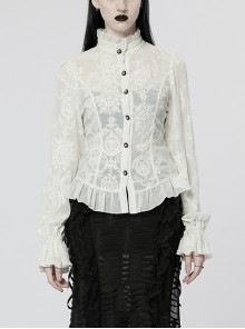 Stand Collar Trumpet Sleeve Waist Webbing Adjustable Size White Gothic Chiffon Embroidered Perspective Blouse