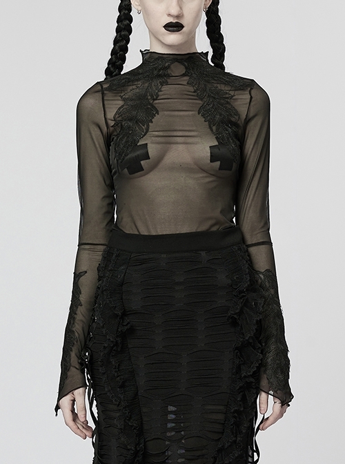Mid High Neck Slim Fit Stretch Spandex Feather Trim Cuffs Neck Black Gothic Feather Applique Base Layer Shirt