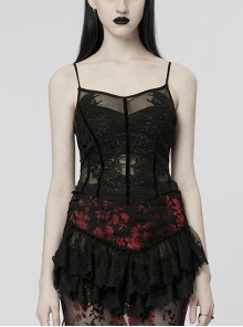 Slim Sling Elastic Spandex Exquisite Symmetrical Scalloped Lace Black Gothic Sexy See-Through Sling