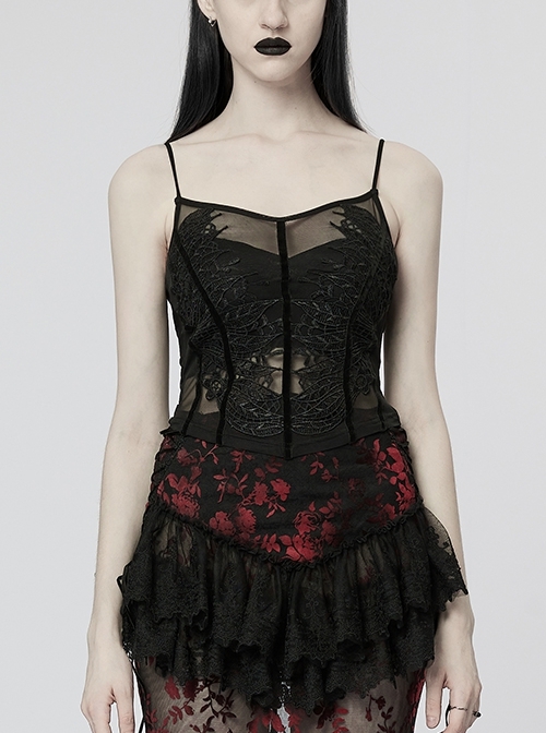 Slim Sling Elastic Spandex Exquisite Symmetrical Scalloped Lace Black Gothic Sexy See-Through Sling