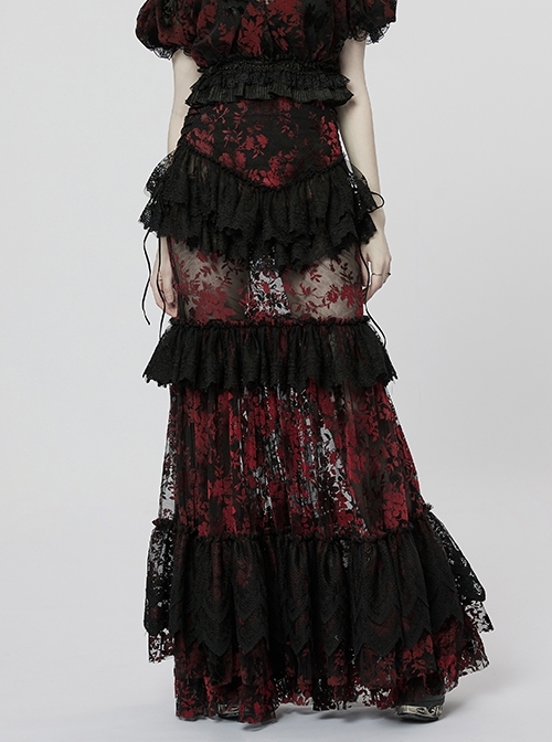 Slim Fit Non-Stretch Flocking Print Stitching Lace Drawstring Adjustable Elastic Black Red Gothic See-Through Gorgeous Skirt