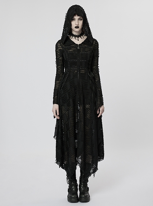 Hooded Trumpet Cuffs Irregular Elastic Holes Splicing Lace Flower Net Black Gothic Dark Wizard Coat