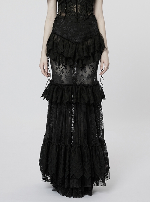 Slim Fit Non-Stretch Flocking Print Stitching Lace Drawstring Adjustable Elastic Black Gothic See-Through Gorgeous Skirt