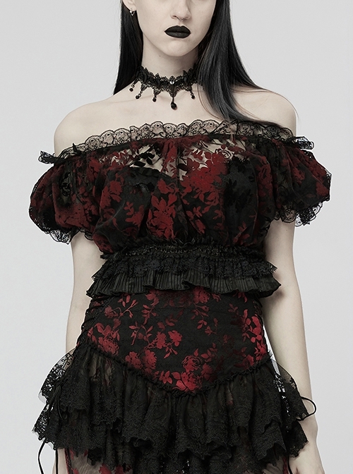 Neckline Changeable Non-Stretch Mesh Stitching Edge Lace Lace Neckline Changeable Black Red Gothic Sexy Flocking Mesh T-Shirt