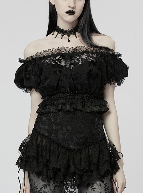 Neckline Changeable Non-Stretch Mesh Stitching Edge Lace Lace Neckline Changeable Black Gothic Sexy Flocking Mesh T-Shirt