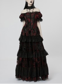 Non-Stretch Flocking Mesh Lace Lace Layered Back Velvet Webbing Adjustable Elastic Black Red Gothic Gorgeous Print Dress