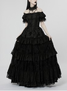 Non-Stretch Flocking Mesh Lace Lace Layered Back Velvet Webbing Adjustable Elastic Black Gothic Gorgeous Print Dress