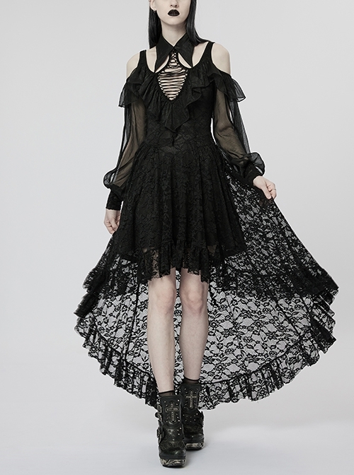 Stretch Flower Net Stitching Chiffon Irregular Hem Shoulder Cutout Velvet Rope Adjustable Elastic Black Gothic Lace Dress