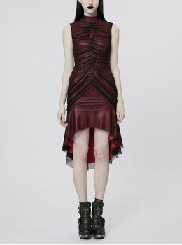 Stretch Knit Panel Diamond Mesh Slim Fishtail Hem Velvet Web Adjustable Elasticity Black And Red Gothic Sexy Dress