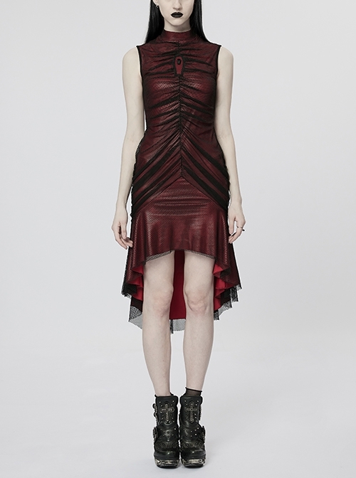 Stretch Knit Panel Diamond Mesh Slim Fishtail Hem Velvet Web Adjustable Elasticity Black And Red Gothic Sexy Dress