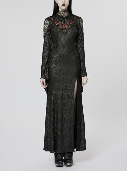 V-Neck Shoulder Stitching See-Through Delicate Embossed Fabric Fishtail Slit Skirt Black Red Gothic Dark Night Withered Rattan Dress