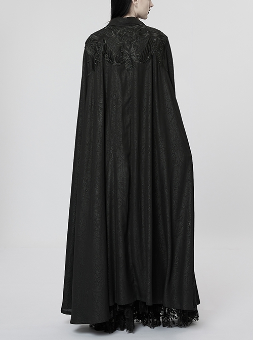 Opposite Lapel Tapered Crystal Pendant Hand Position Slit Shoulder Mesh Lace Appliqué Black Gothic Lapel Cape