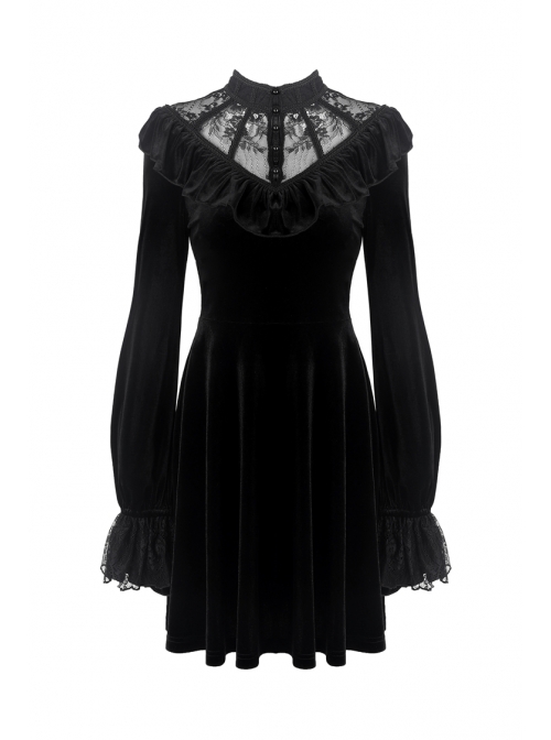 Black Lolita V-Neck Lace Embroidered Button Long Sleeves Velvet Gothic ...