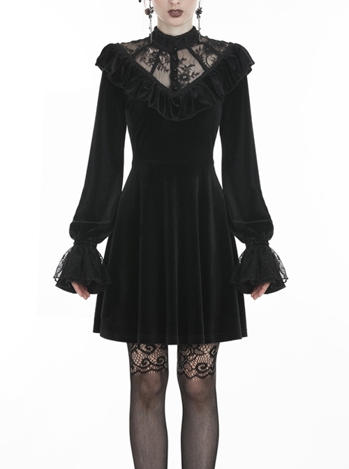 Black Lolita V-Neck Lace Embroidered Button Long Sleeves Velvet Gothic Dress