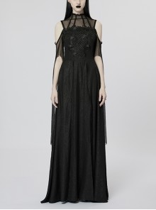 High Neck Strapless Irregular Slit Skirt Cashew Print Stitching Lace Mesh Black Gothic Style Goddess Dress