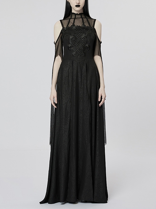 High Neck Strapless Irregular Slit Skirt Cashew Print Stitching Lace Mesh Black Gothic Style Goddess Dress