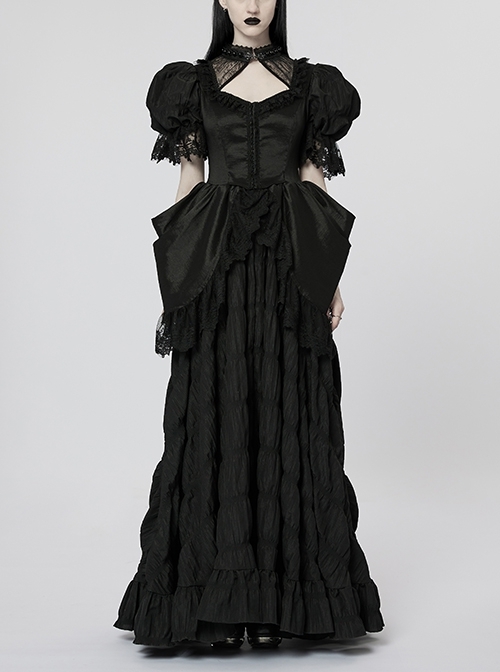 Square Neck Pearl Embellished Micro-Elastic Stitching Lace Back Velvet Webbing Adjustable Elastic Black Gothic Gorgeous Dress