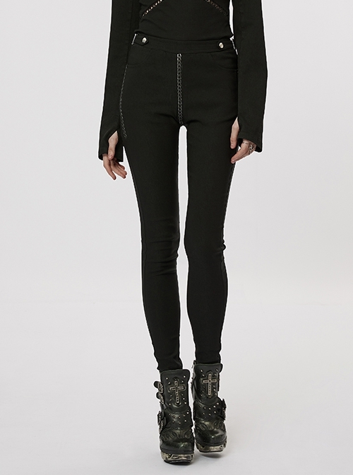 Black Elastic Twill Silver Chain Side Metal Rivets Military Uniform Elements Punk Style Handsome Military Uniform Pants