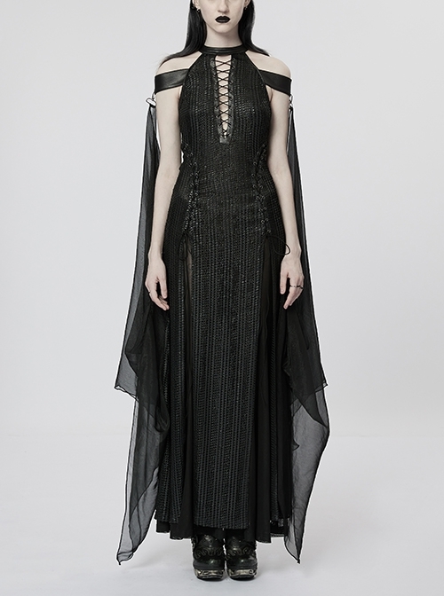 Halter Neck Slim Slit Shiny Texture Mesh Elastic Cord Adjustable Elasticity Black Elf Gothic Dress